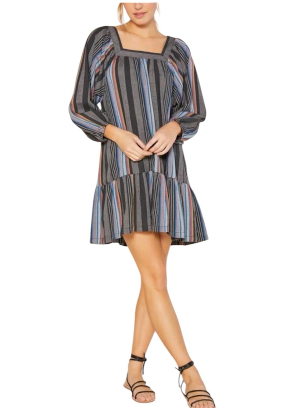 NEW Outerknown Miro Stripe Black Midi Long Sleeve Dress Organic Cotton Small